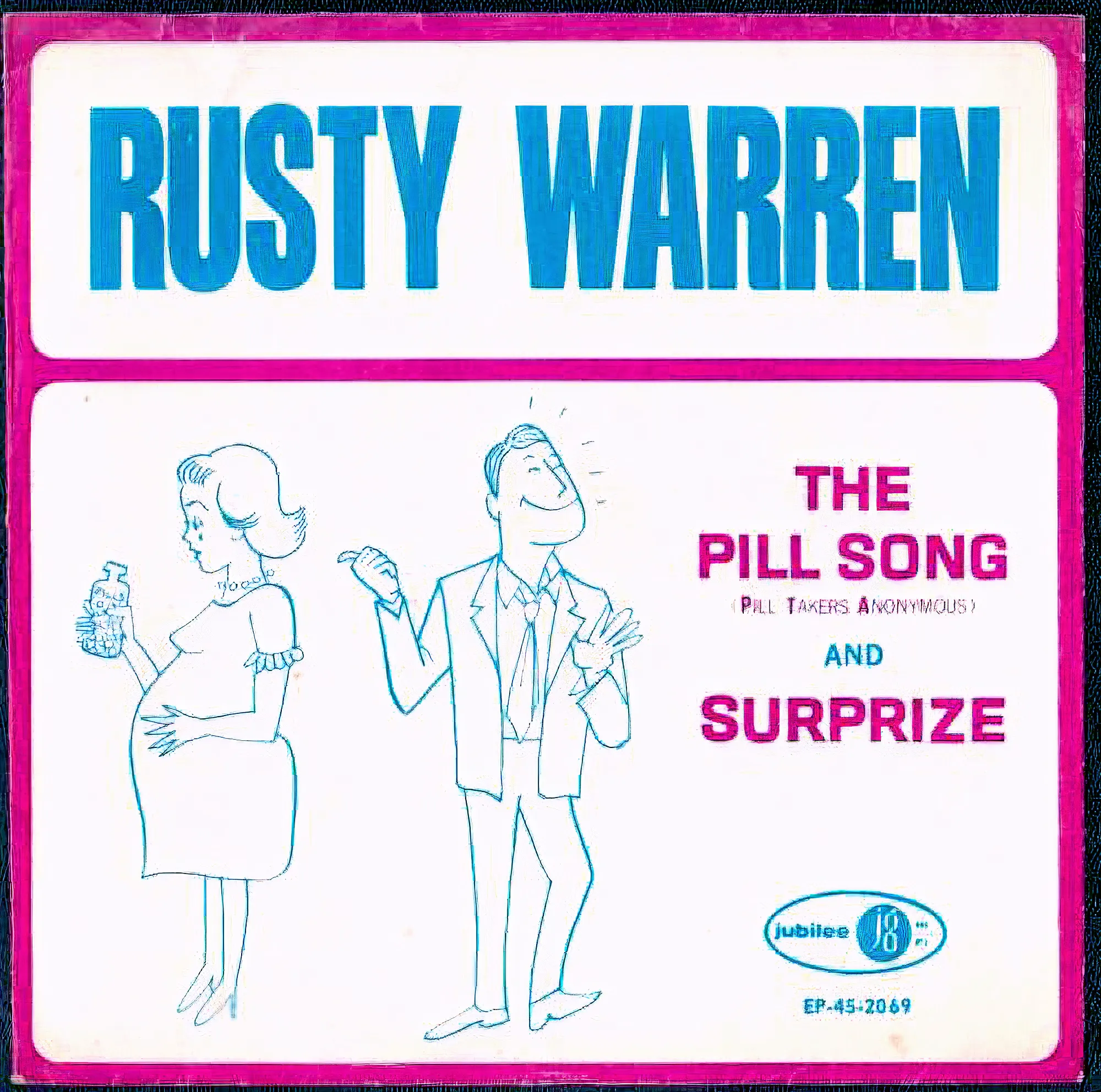 record cover for Rusty Warren “The Pill Song” and “Surprize” - 45 rpm EP